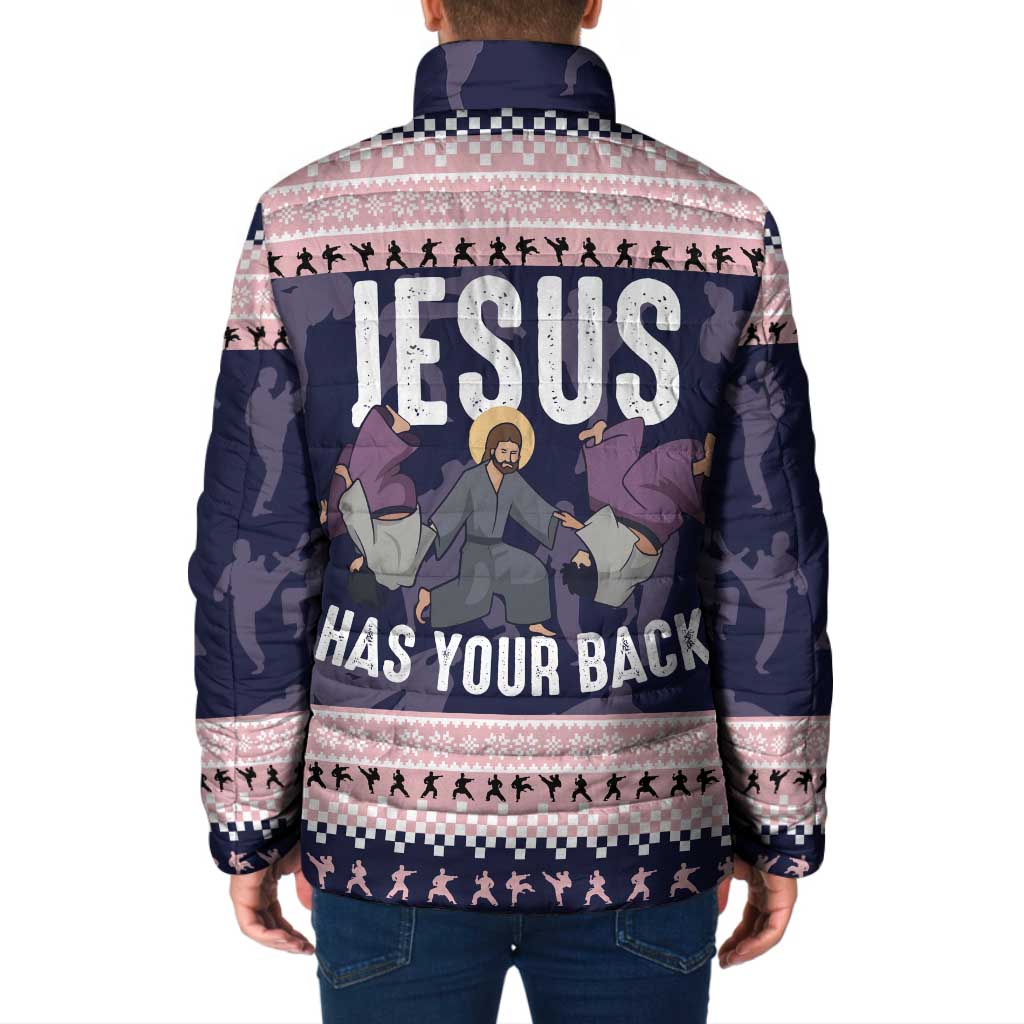 Jesus Has Your Back Jiu Jitsu Christmas Padded Jacket Funny Xmas Holiday Patterns - Wonder Print Shop