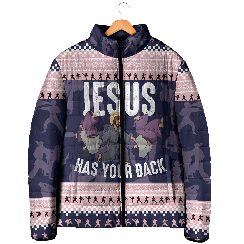 Jesus Has Your Back Jiu Jitsu Christmas Padded Jacket Funny Xmas Holiday Patterns - Wonder Print Shop