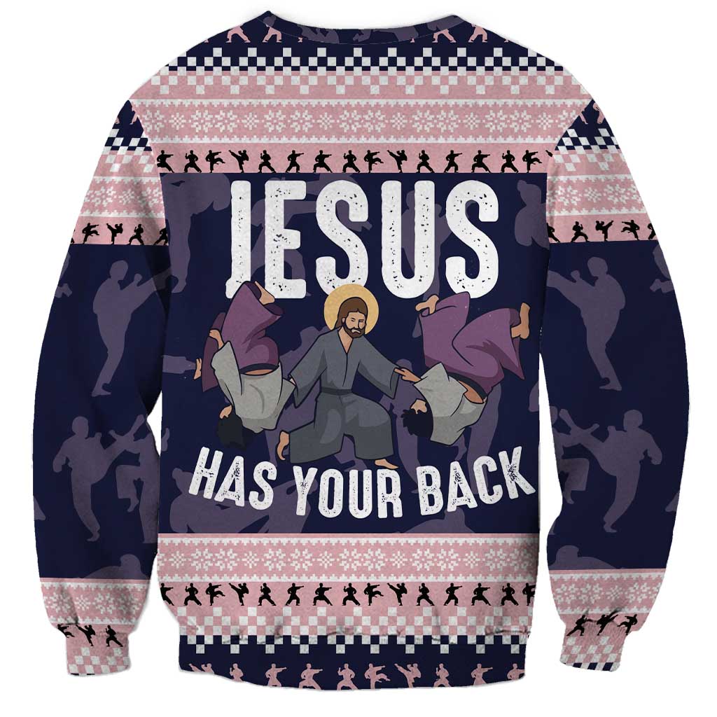 Jesus Has Your Back Jiu Jitsu Christmas Sweatshirt Funny Xmas Holiday Patterns - Wonder Print Shop