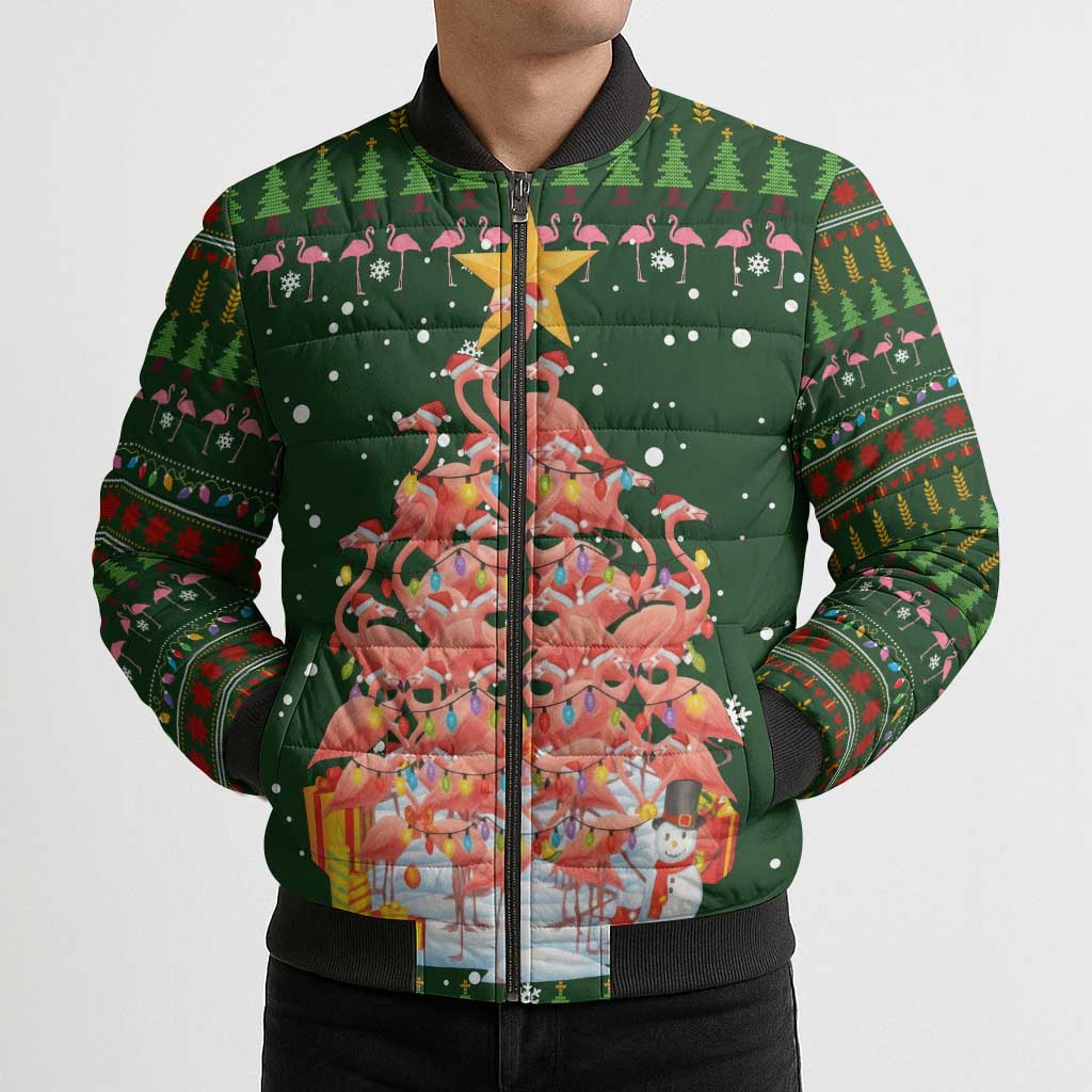 Flamingo Christmas Tree Christmas Bomber Puffer Jacket Funny Xmas Holiday Patterns - Wonder Print Shop