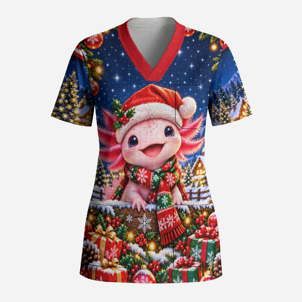 Axolotl Christmas Scrub Top Cute Animal Winter Wonderland Holiday
