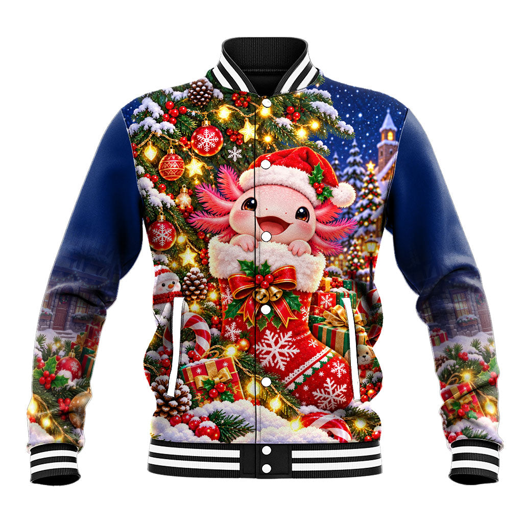 Axolotl Christmas Baseball Jacket Cute Festive Winter Snowflakes Art