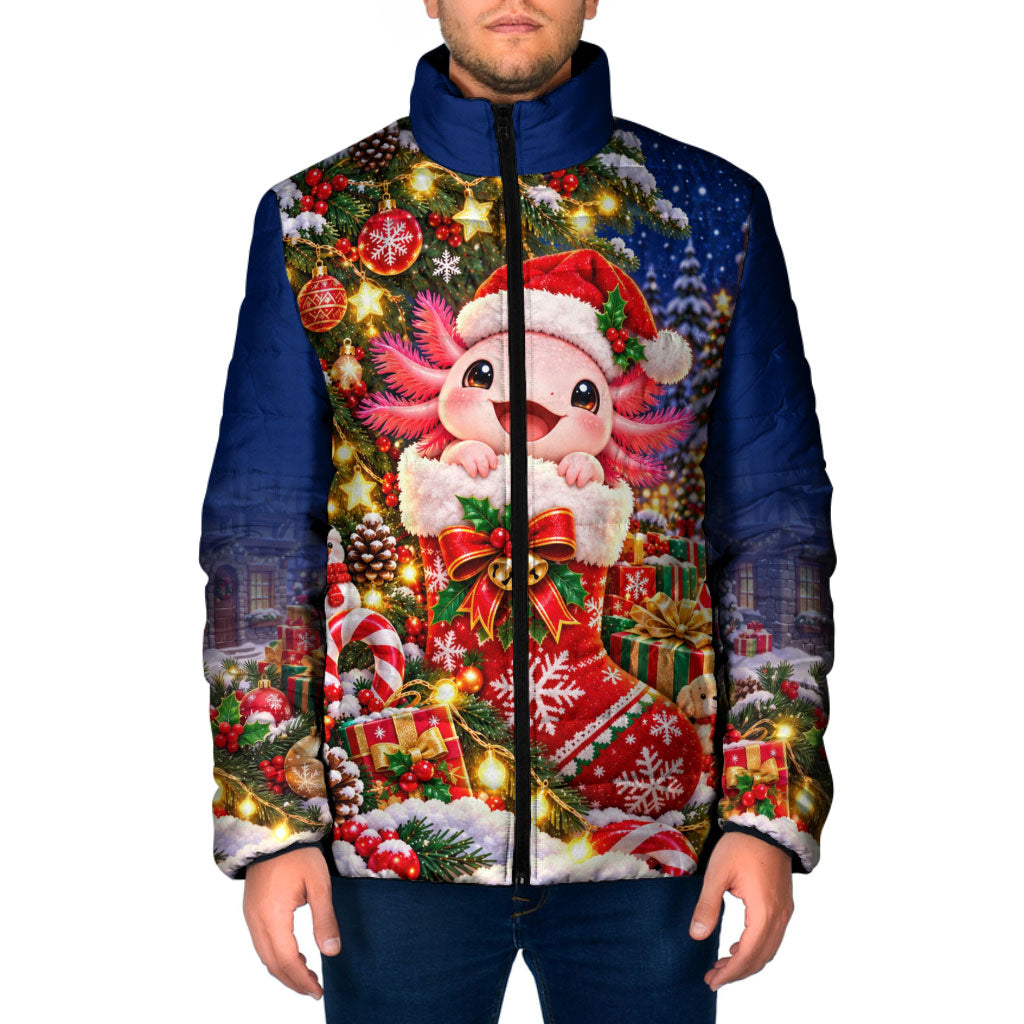 Axolotl Christmas Padded Jacket Cute Festive Winter Snowflakes Art
