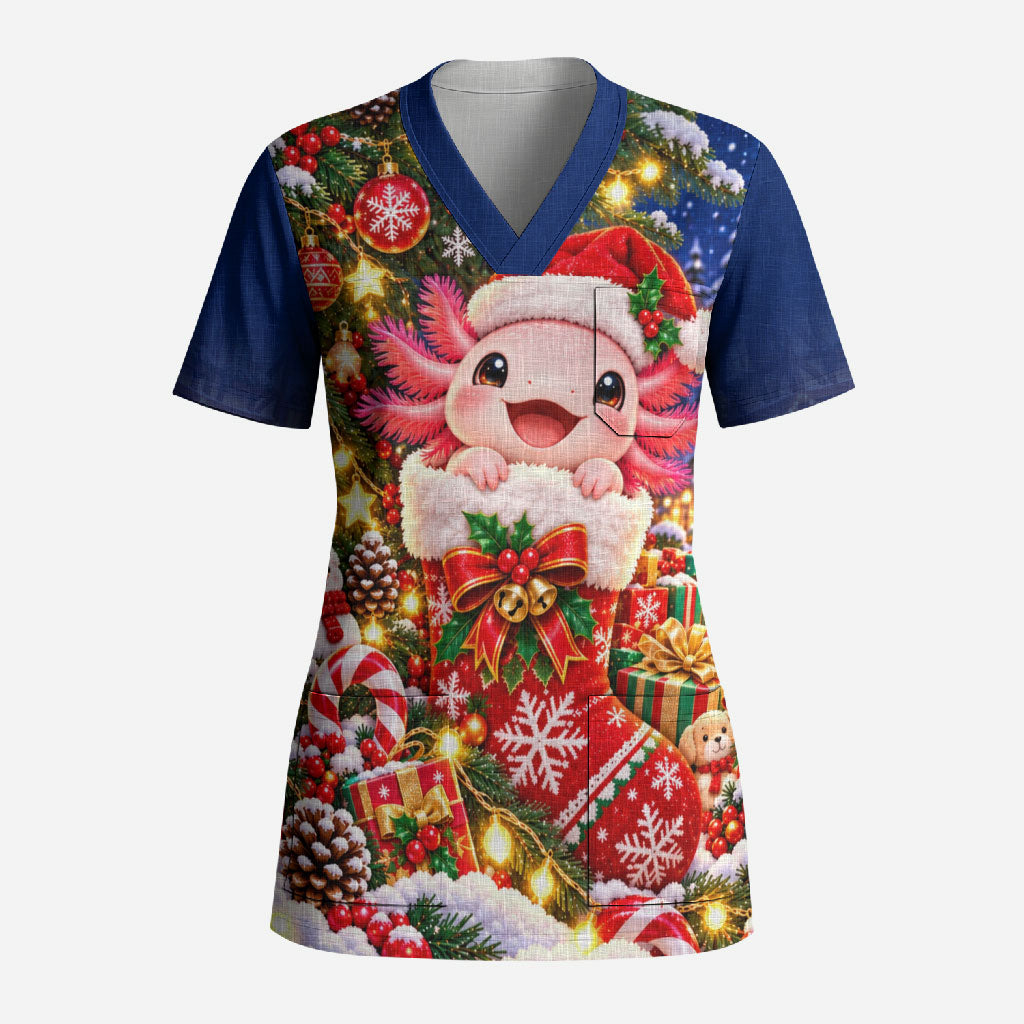 Axolotl Christmas Scrub Top Cute Festive Winter Snowflakes Art