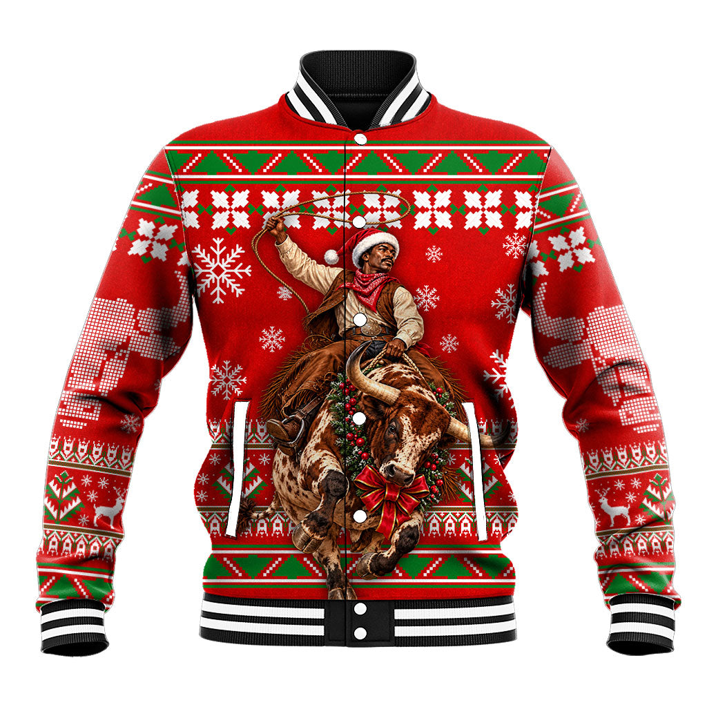 Bill Pickett Christmas Cowboy Baseball Jacket Snowy Winter Western Rodeo Horse Rider Art