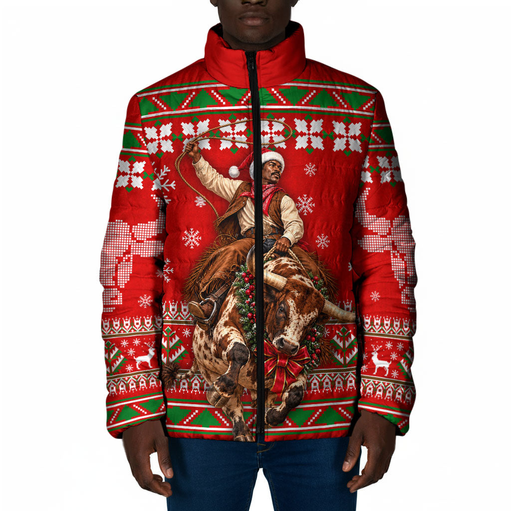 Bill Pickett Christmas Cowboy Padded Jacket Snowy Winter Western Rodeo Horse Rider Art
