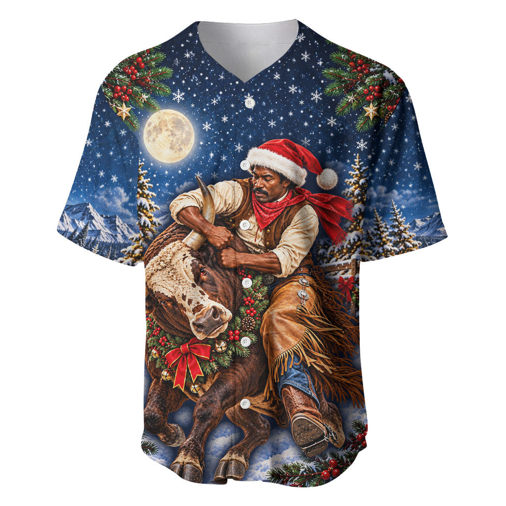 Bill Pickett Christmas Bull Rider Baseball Jersey Snowy Winter Western Rodeo Night Art