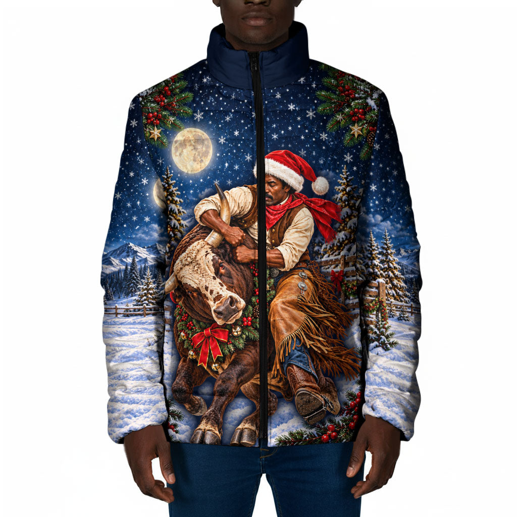Bill Pickett Christmas Bull Rider Padded Jacket Snowy Winter Western Rodeo Night Art