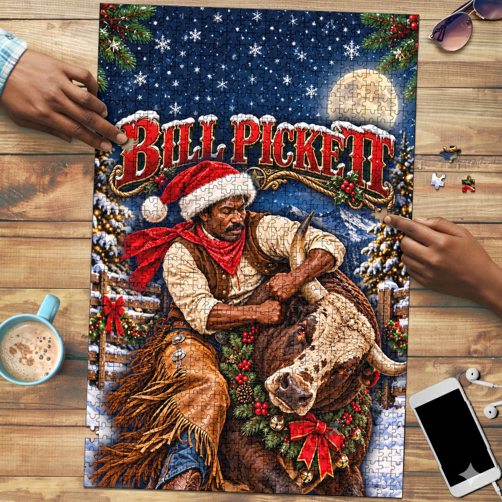 Bill Pickett Christmas Bull Rider Puzzle Snowy Winter Western Rodeo Night Art