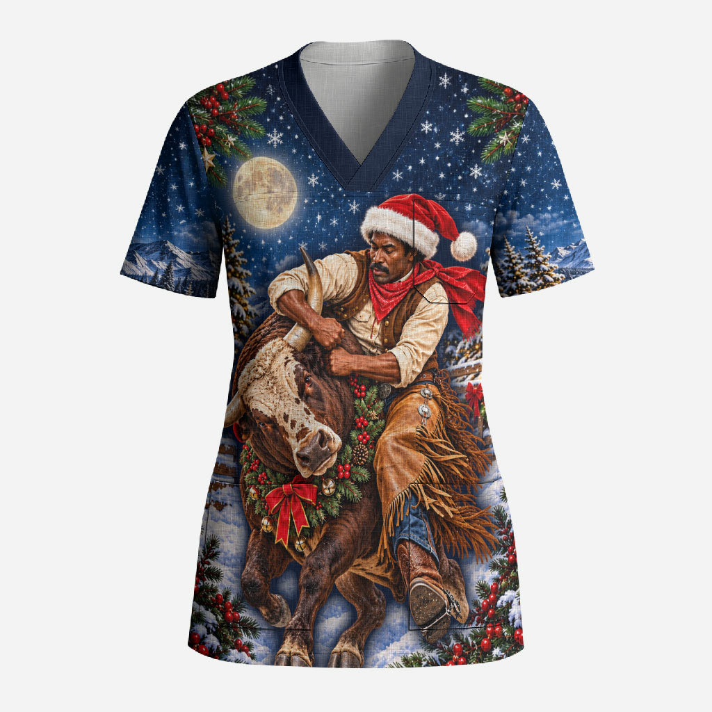 Bill Pickett Christmas Bull Rider Scrub Top Snowy Winter Western Rodeo Night Art