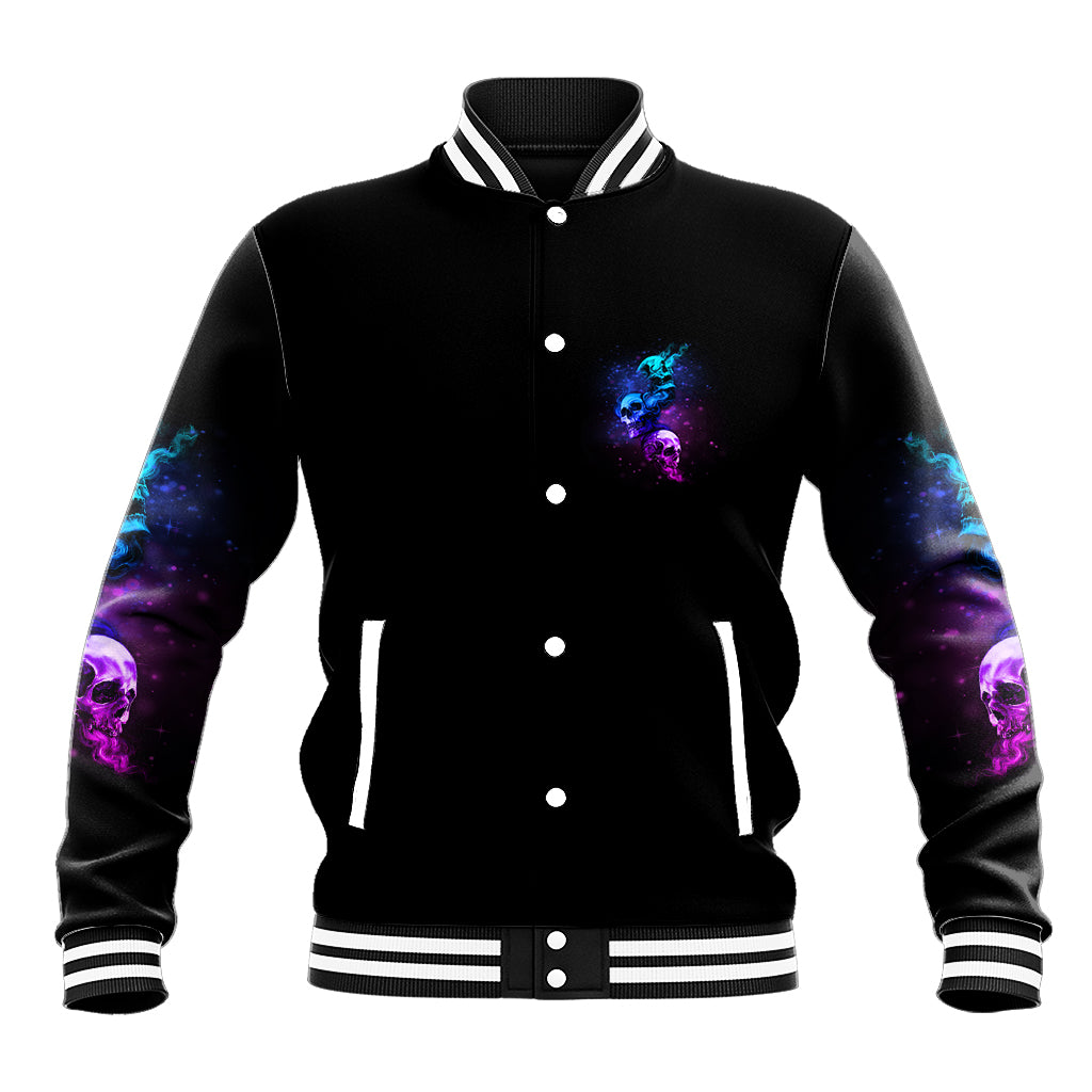 Black varsity baseball jacket with button front; striped collar and cuffs; blue/purple skull chest graphic.