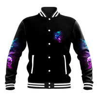 Black varsity baseball jacket with button front; striped collar and cuffs; blue/purple skull chest graphic.
