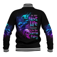 Black baseball jacket with striped ribbed collar and cuffs; blue/purple skull graphic on back.