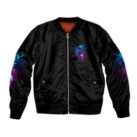 Black bomber jacket with front zipper and multicolor skull-fairy chest graphic