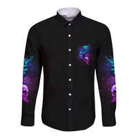 Black long-sleeve button shirt with purple and blue skull graphic on front