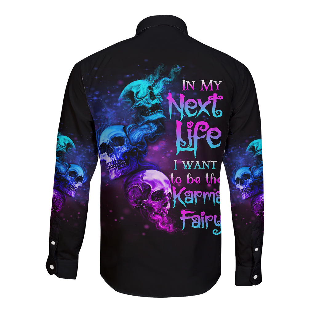 Black long-sleeve button shirt with blue and purple skull graphic on back