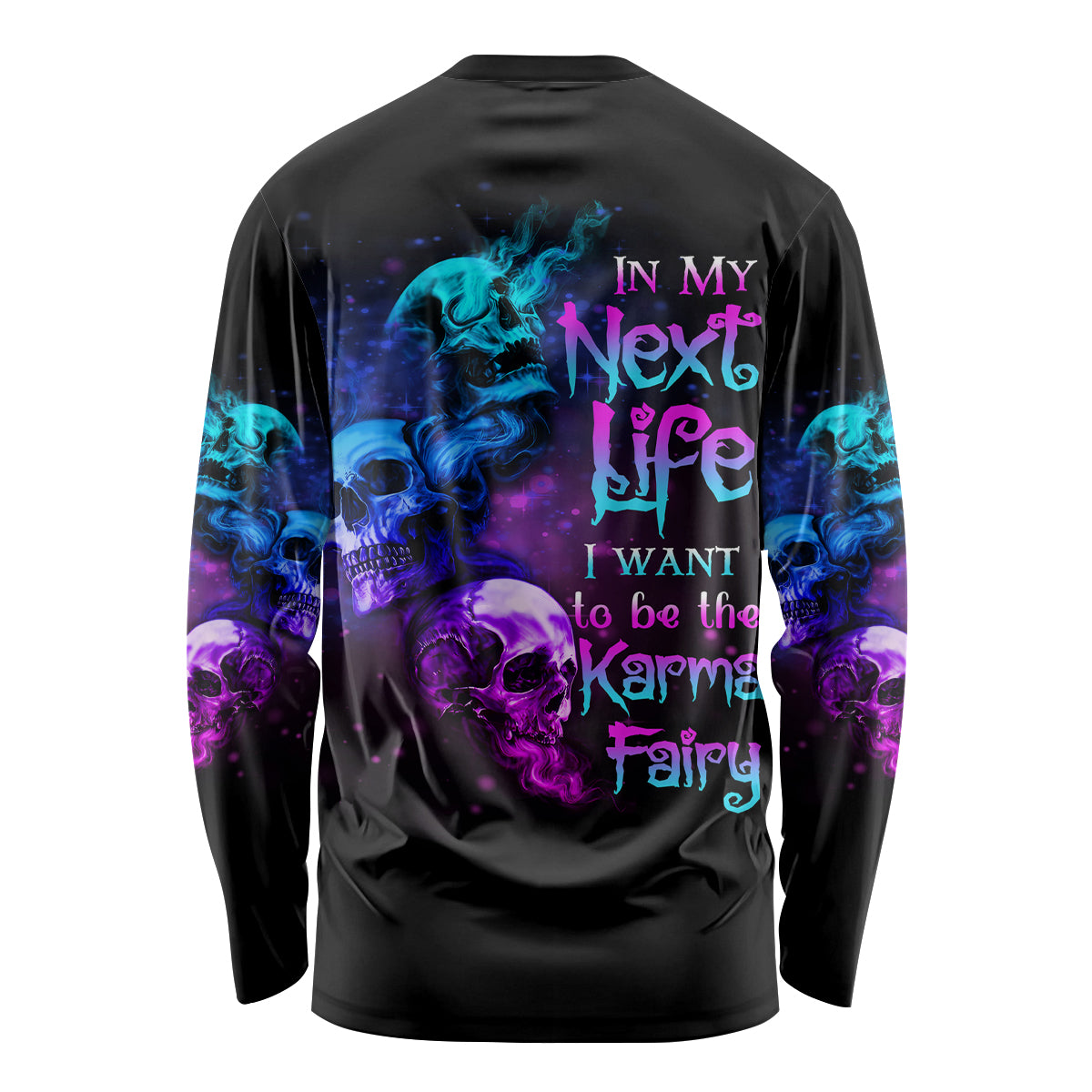 Unisex long-sleeve shirt, black with blue and purple skull back graphic and text