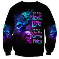 Black unisex sweatshirt with blue-purple skull graphic and stacked text print on chest