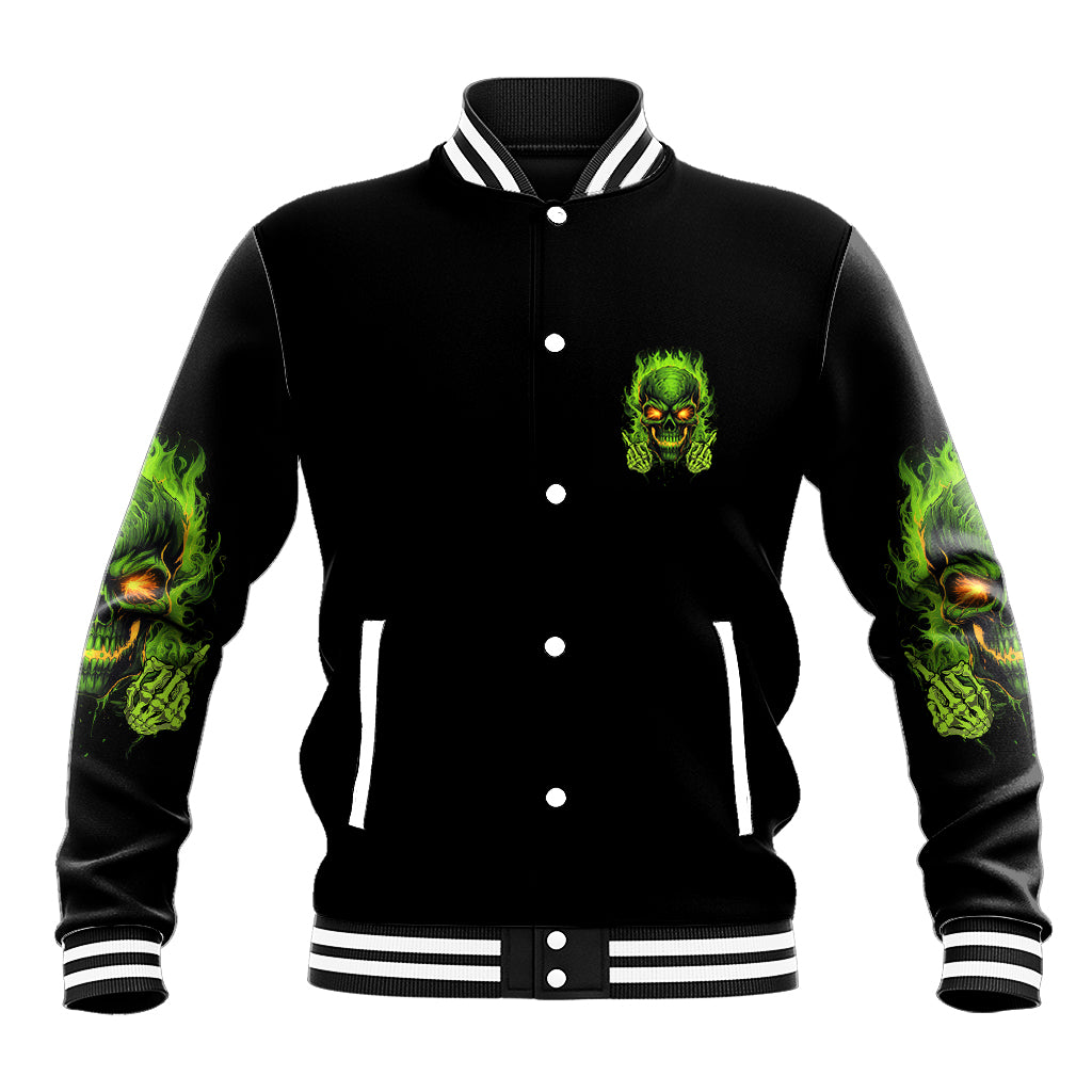 Black varsity baseball jacket with green skull patch on chest, snap front and striped cuffs