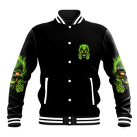 Black varsity baseball jacket with green skull patch on chest, snap front and striped cuffs
