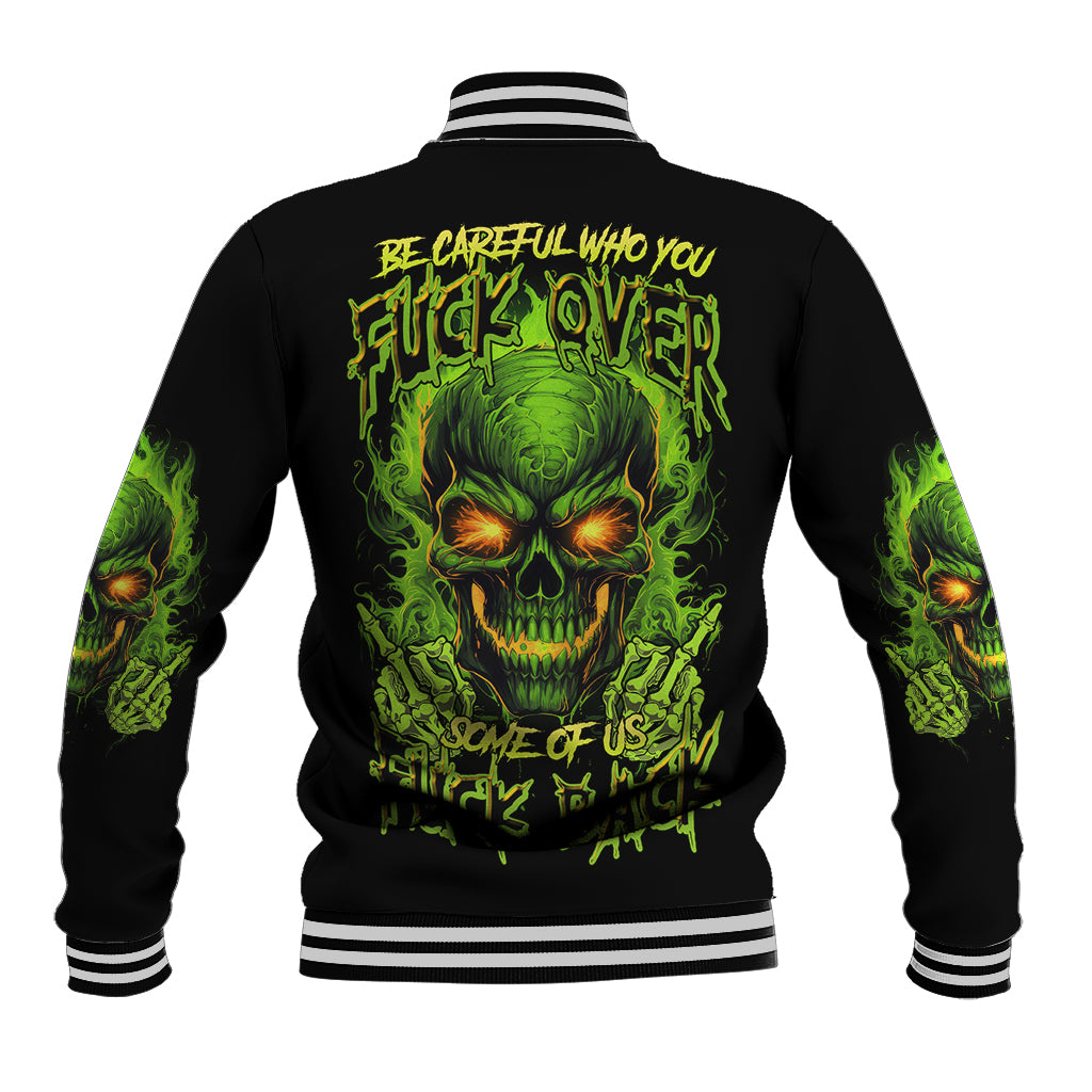 Black baseball jacket with neon green skull graphic on back and striped ribbed collar