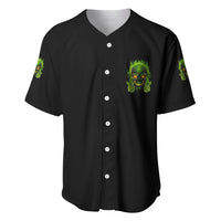 Black baseball jersey with neon green skull logo on chest and sleeve, button-front