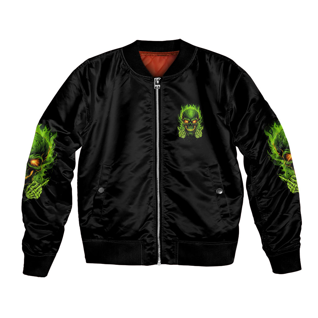 Black bomber jacket with front zipper, neon green skull chest patch, ribbed cuffs