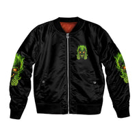 Black bomber jacket with front zipper, neon green skull chest patch, ribbed cuffs
