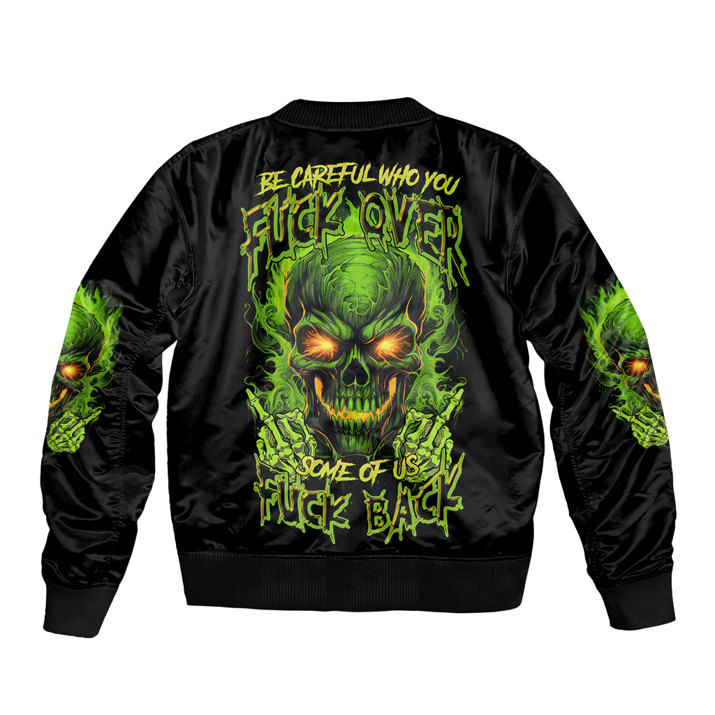 Black bomber jacket with neon green skull back graphic and contrast lettering