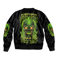 Black bomber jacket with neon green skull back graphic and contrast lettering