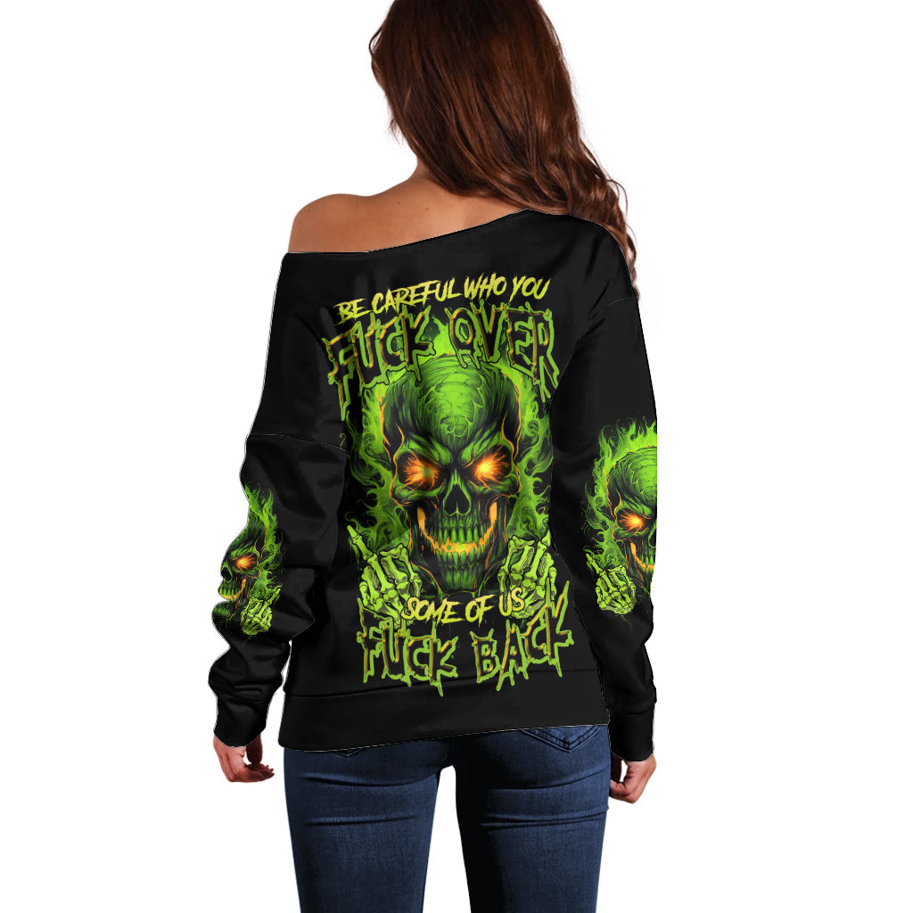 Women’s off-shoulder sweater, black with neon green reaper skull back graphic