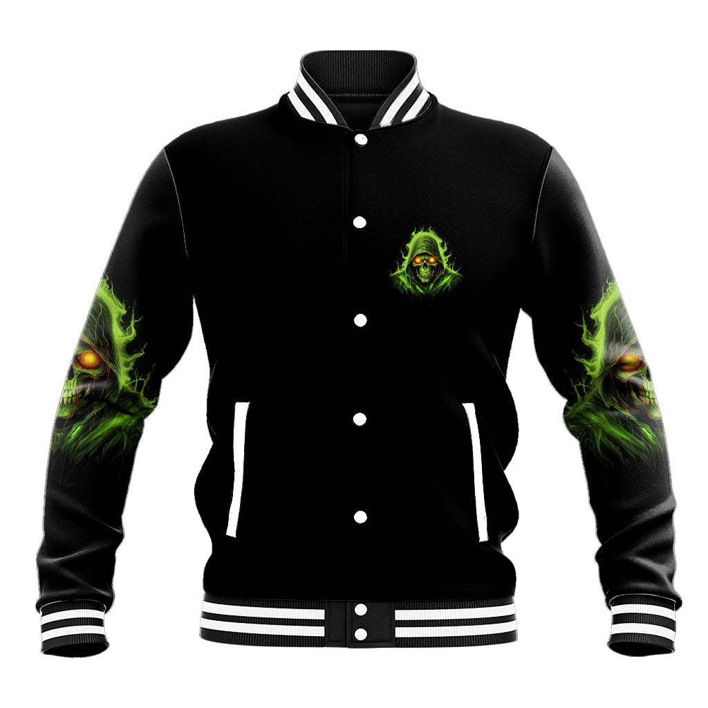 Black unisex baseball jacket with green face chest logo, striped ribbed collar and cuffs
