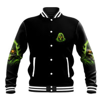 Black unisex baseball jacket with green face chest logo, striped ribbed collar and cuffs