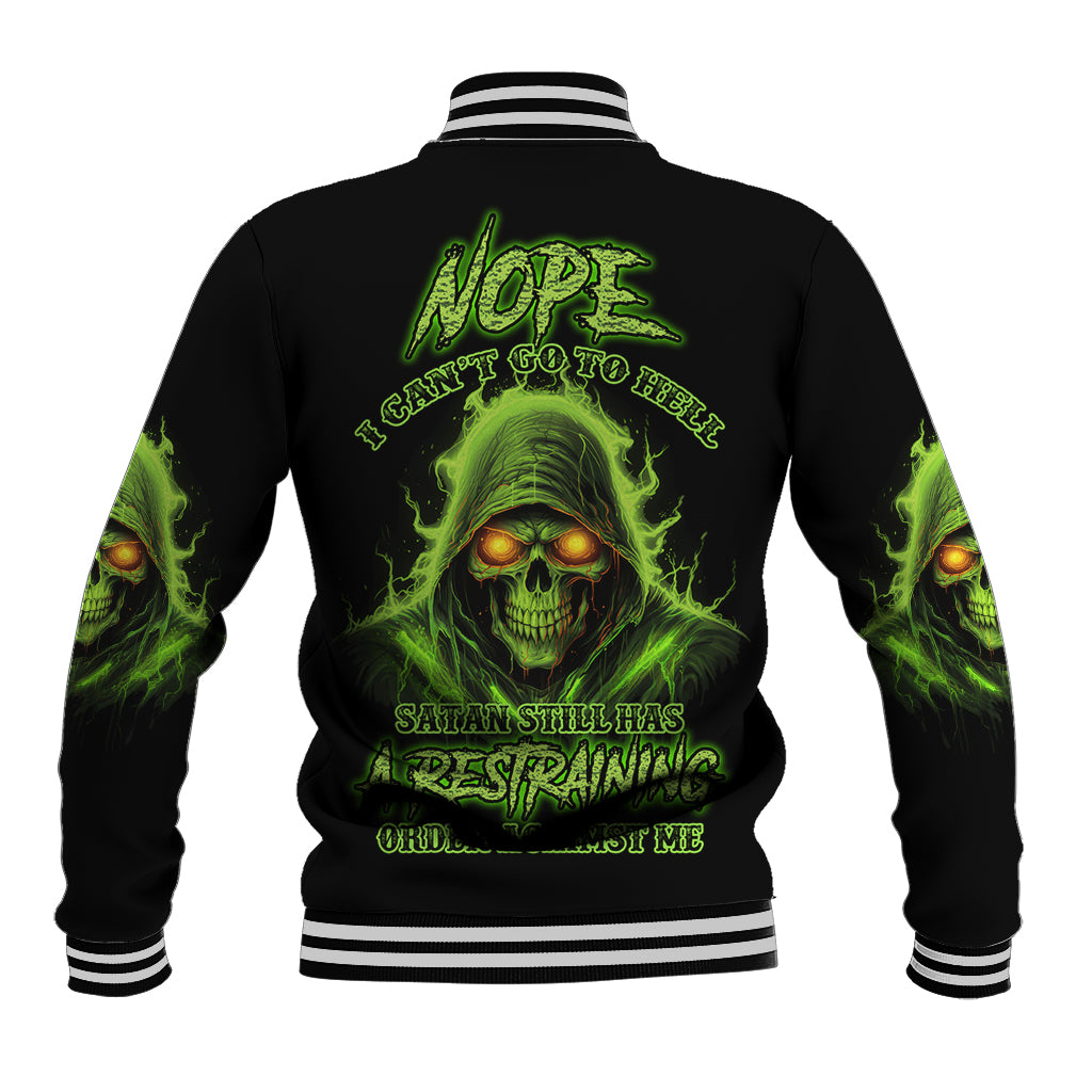 Black unisex baseball jacket with green skull back graphic and striped collar/cuffs