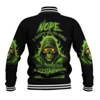 Black unisex baseball jacket with green skull back graphic and striped collar/cuffs