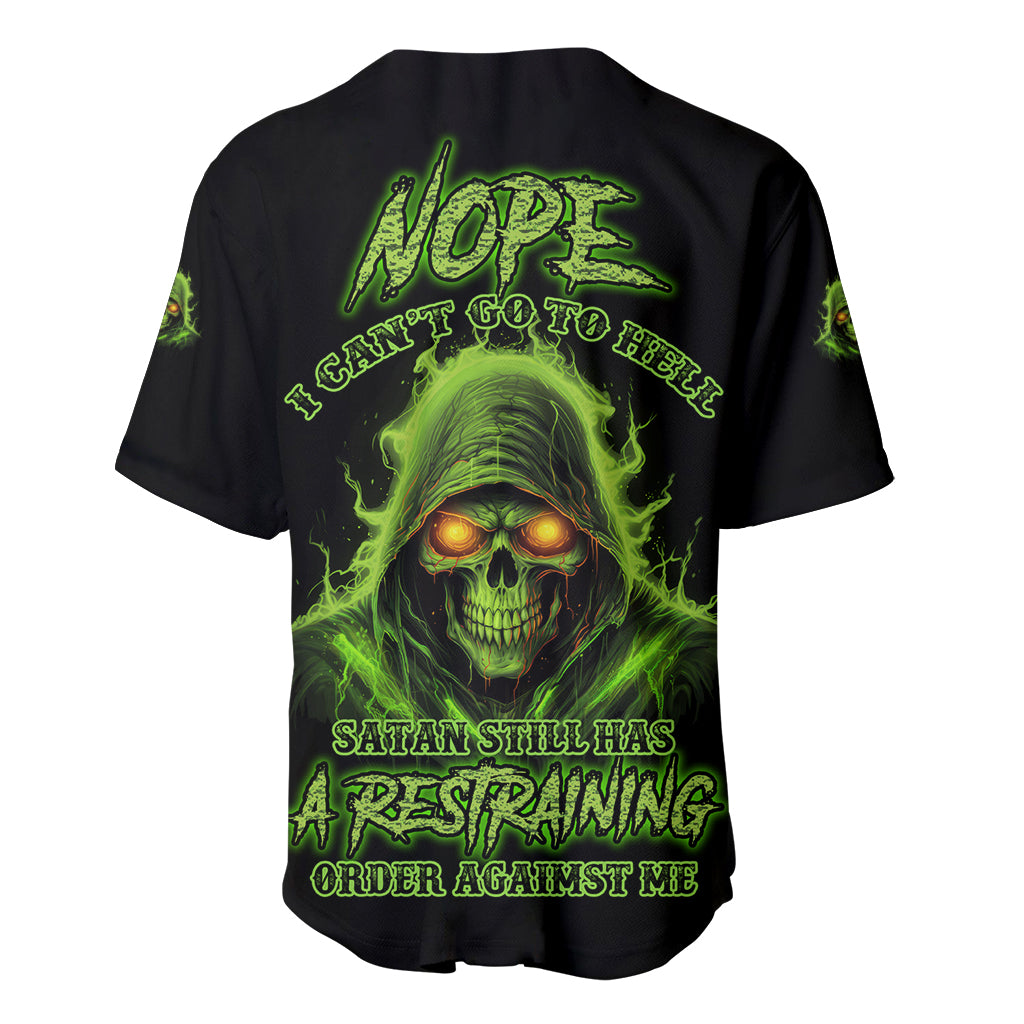 Black baseball jersey with neon green skull back graphic and warning text