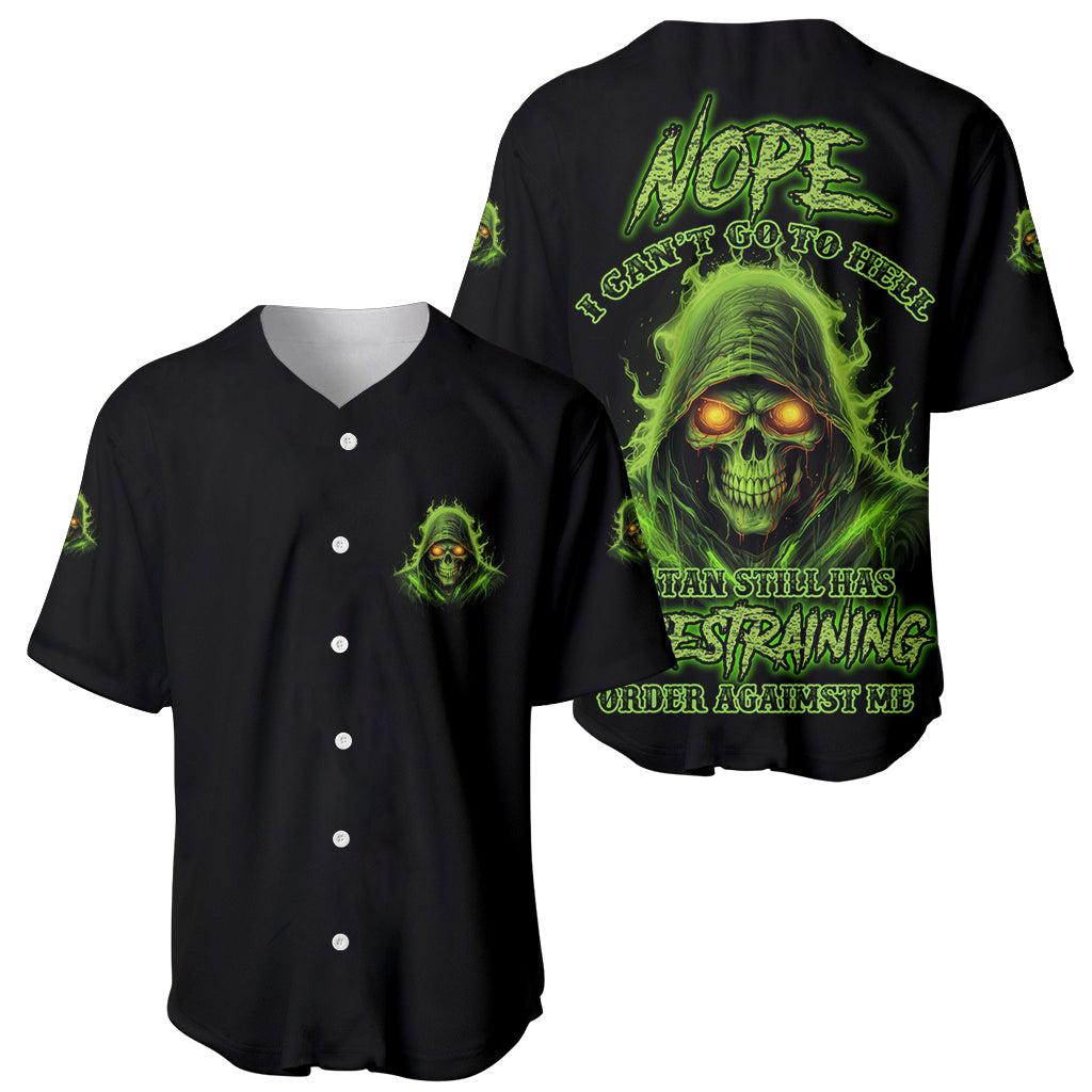 Pair of black baseball jerseys with neon green skull graphics on back and front