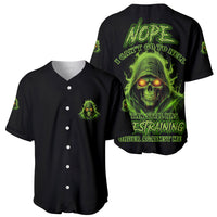 Pair of black baseball jerseys with neon green skull graphics on back and front
