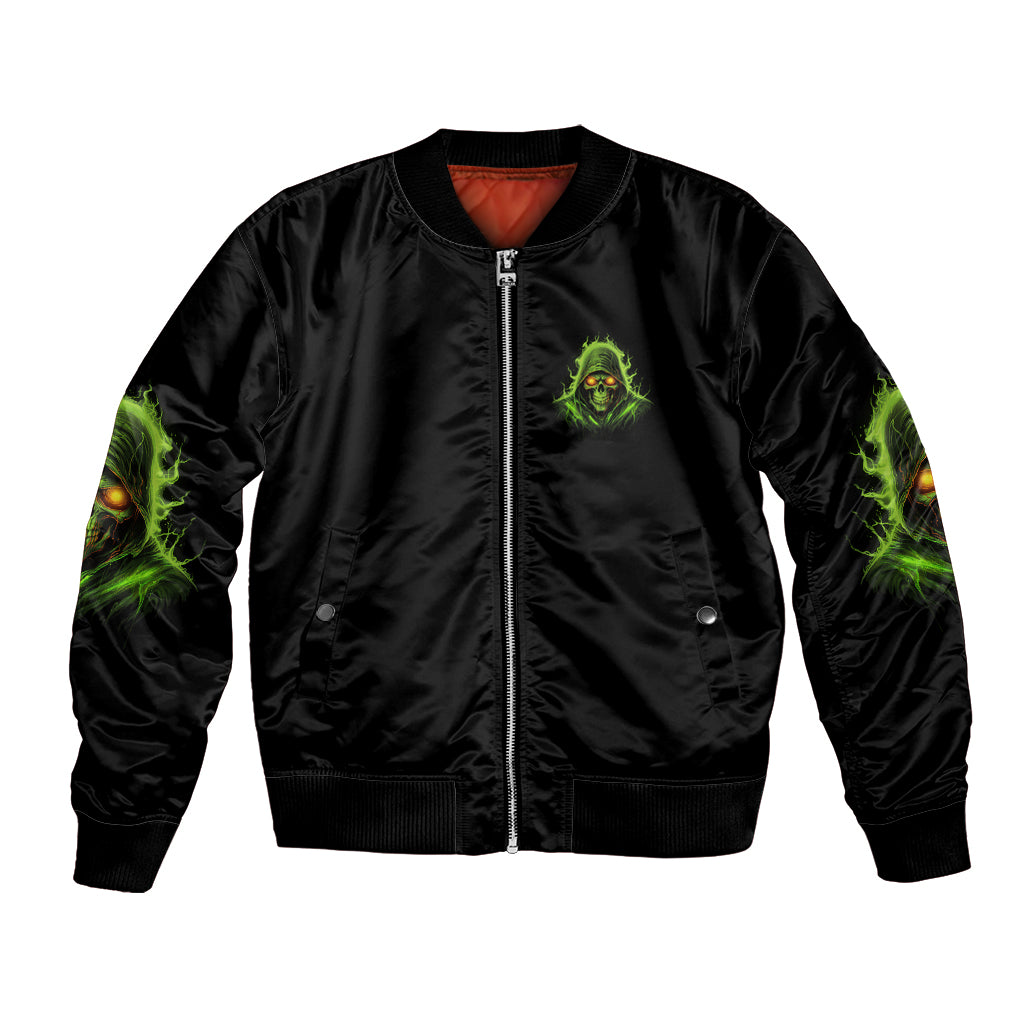 Black unisex bomber jacket with front zipper, neon green skull chest logo, ribbed cuffs