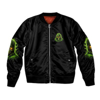 Black unisex bomber jacket with front zipper, neon green skull chest logo, ribbed cuffs