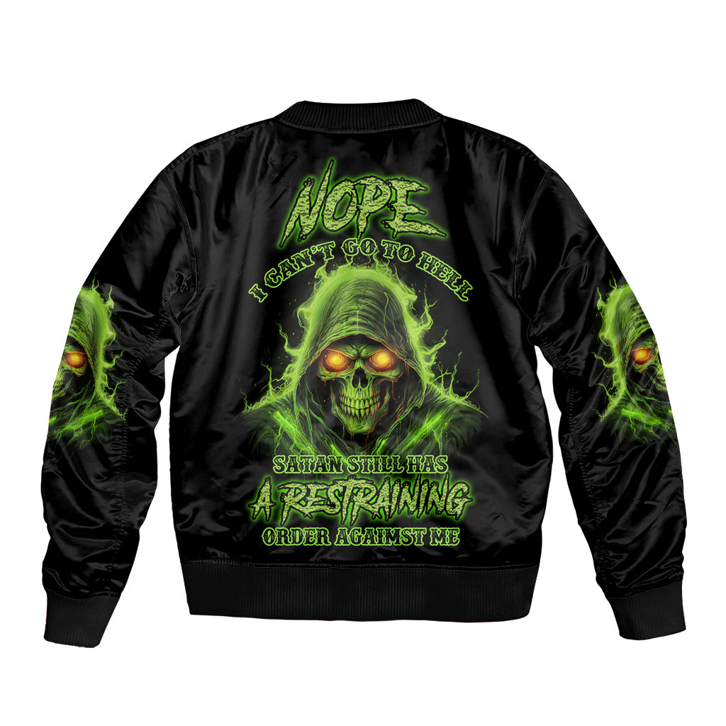 Black unisex bomber jacket with neon green skull back graphic and ribbed hem cuffs