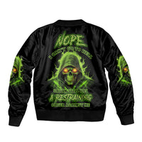 Black unisex bomber jacket with neon green skull back graphic and ribbed hem cuffs