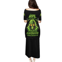 Black graphic long dress, short sleeves, back view with green skull print