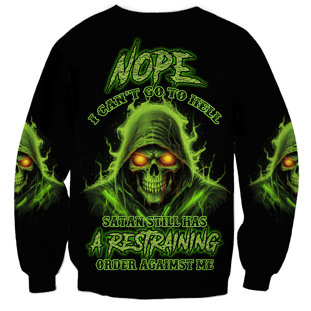 Unisex black sweatshirt with large neon green skull and warning text on front
