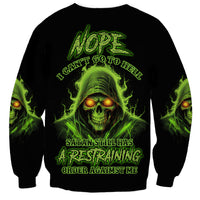 Unisex black sweatshirt with large neon green skull and warning text on front
