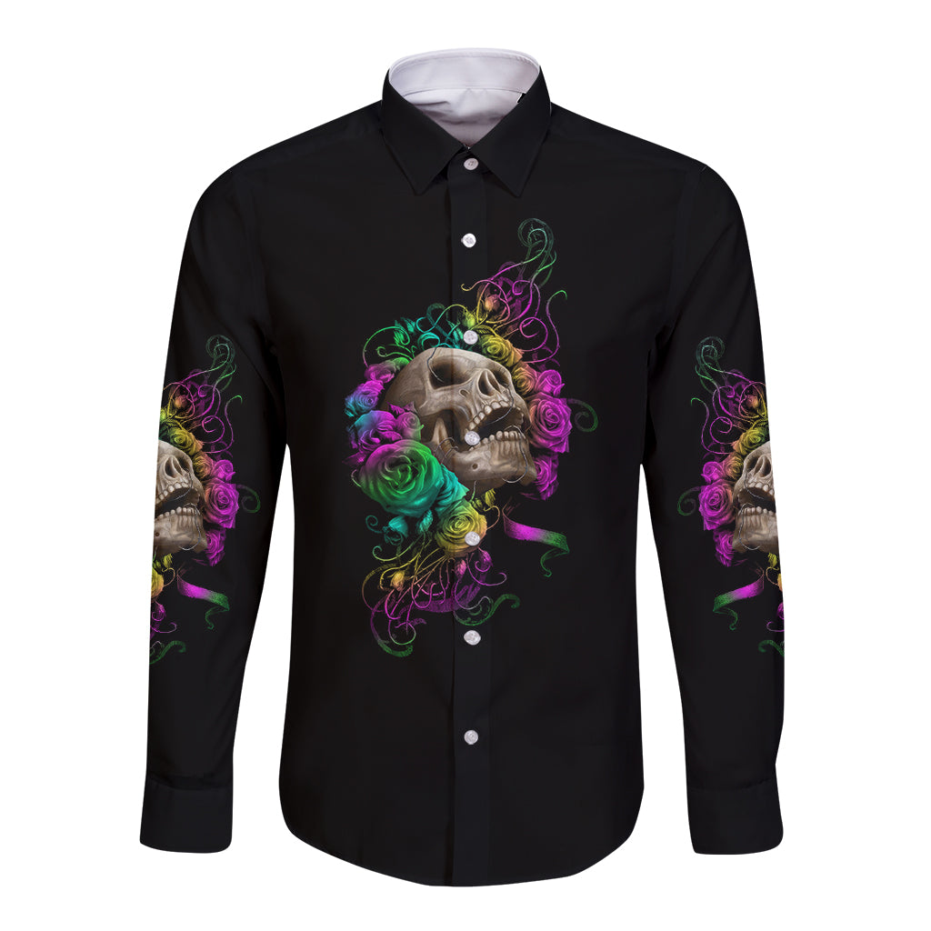 Long-sleeve button shirt, black with multicolor rose skull graphic on front.