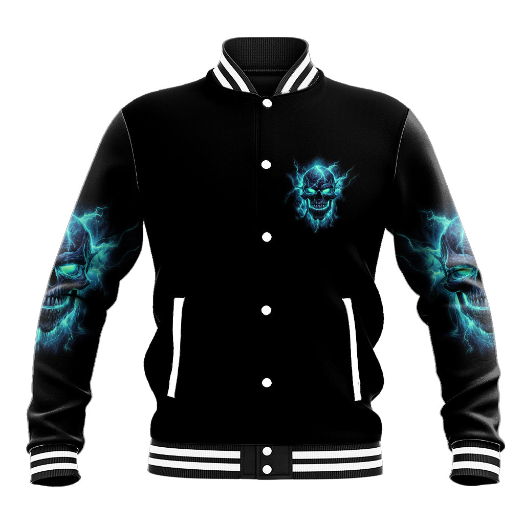 Black varsity baseball jacket with blue skull chest emblem, striped ribbed cuffs and hem