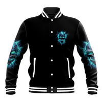 Black varsity baseball jacket with blue skull chest emblem, striped ribbed cuffs and hem