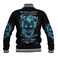 Black baseball jacket with blue skull graphic on back, striped ribbed collar and cuffs