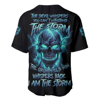 Black baseball jersey with blue skull graphic and text on the back
